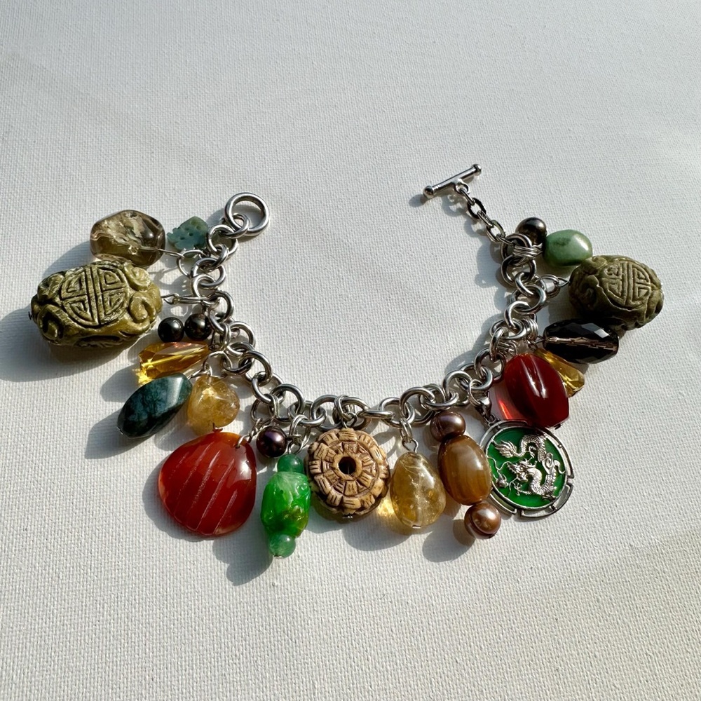 Sterling Silver Gemstone Dragon Charm Bracelet Jade Citrine Pearl Quartz